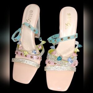 BRAND NEW ROUGE HELUIM HIGH HEEL STUDDED RHINESTONES MULTI-COLOR SANDAL